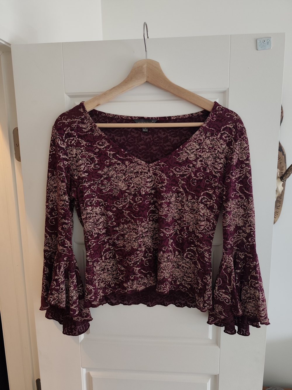 Women's Fairycore Whimsigoth Burgundy Paisley V-Neck Bell Sleeve Top